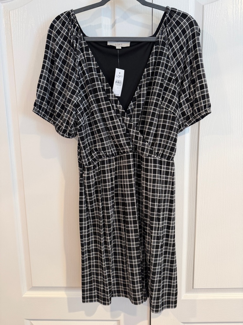 LOFT Black and White Plaid Mini Dress with V-Neck